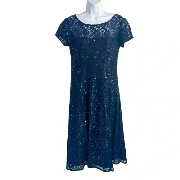 SLNY Navy Blue Sequin Lace Short Sleeve Midi Cocktail Evening Dress Size 4 NWOT - Picture 2 of 7